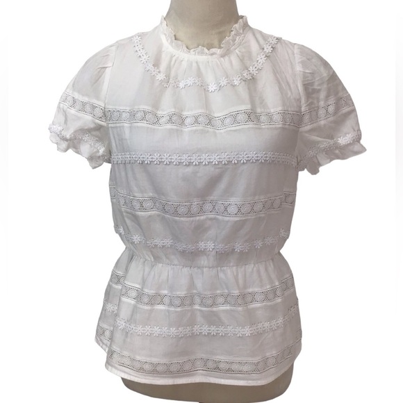 J Crew White Daisy Chain Lace Peplum Puff Sleeve Cotton Blouse Size XS - Picture 1 of 8